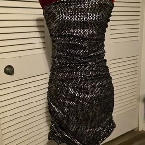 Express Strapless Black and Silver Ruched Mini Dress